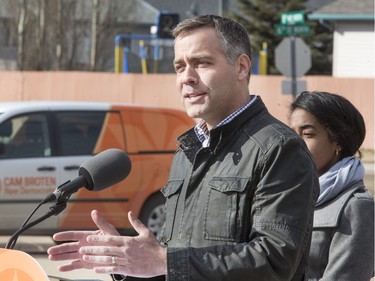 NDP leader Cam Broten was in Martensville in the Venture Heights Elementary School playground with candidate Jasmine Calix speaking to the funding difficulties in the Prairie Spirit School division and how, if elected, he will hire more teachers and educational assistance, March 29, 2016.