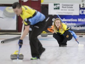 Chelsea Carey, who competed at the world championships through to this past weekend, curls during the Canadian mixed doubles curling championship at the Nutana Curling Club on Thursday.