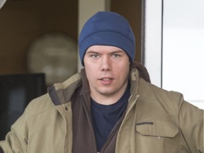 Aiden Pratchett leaves Saskatoon provincial court during a break in his sentencing hearing on March 4, 2016. Pratchett, an RCMP officer, was found guilty of possessing and accessing child pornography.