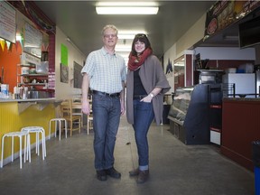 Gord Enns, executive director of the Saskatoon Food Council, left, and Brit McDonald, co-organizer of the Eat Think Vote Forum, pose for a photograph at the Saskatoon Farmers market on Saturday, March 5th, 2016.