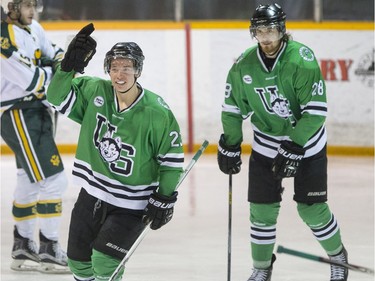 University of Saskatchewan Huskies forward Parker Thomas celebrates a goal against the University of Alberta Golden Bears in 3rd period CIS Men's Hockey playoff action on Saturday, March 5th, 2016.