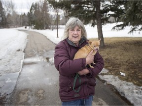 Margaret Pillow carries her dog, George, as she walks along the  Meewasin Trail near Victoria Park on Sunday, March 6th, 2016. (Liam Richards/Saskatoon StarPhoenix)