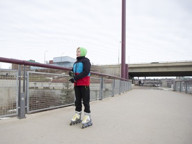 Eleven-year-old Matthias Diederichsen takes advantage of the warm weather to do some roller blading at River Landing in Saskatoon, March 6, 2016.