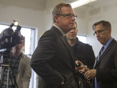 Saskatchewan Premier Brad Wall speaks to campaign volunteers and media at the Saskatoon Stonebridge-Dakota Campaign Office on March 7, 2016.