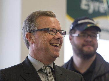 Saskatchewan Premier Brad Wall speaks to campaign volunteers at the Saskatoon Stonebridge-Dakota Campaign Office on March 7, 2016.