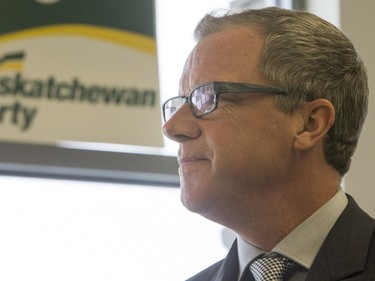 Saskatchewan Premier Brad Wall speaks to campaign volunteers at the Saskatoon Stonebridge-Dakota Campaign Office on March 7, 2016.