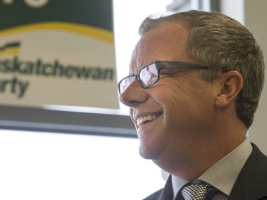 Saskatchewan Premier Brad Wall speaks to campaign volunteers at the Saskatoon Stonebridge-Dakota Campaign Office on March 7, 2016.