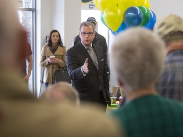 Saskatchewan Premier Brad Wall speaks to campaign volunteers and media at the Saskatoon Stonebridge-Dakota Campaign Office on March 7, 2016.