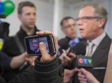 Saskatchewan Premier Brad Wall speaks to campaign volunteers and media at the Saskatoon Stonebridge-Dakota Campaign Office on March 7, 2016.