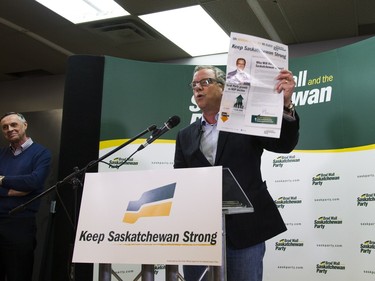 Premiere Brad Wall addresses supporters during the revealing of the Saskatchewan Party platform at their Southeast campaign office in Saskatoon, March 19, 2016.