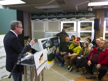 Premier Brad Wall addresses supporters during the revealing of the Saskatchewan Party platform at their Southeast campaign office in Saskatoon, March 19, 2016.