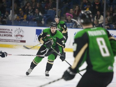 Prince Albert Raiders #23 Simon Stransky skates down the ice during Saturday night's game at SaskTel Centre in Saskatoon where the Saskatoon Blades took home a 3-2 victory over the Raiders, March 19, 2016.