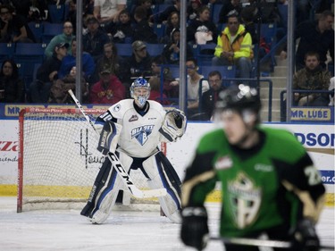 Saskatoon Blades' Brock Hamm defends the net during Saturday night's game at SaskTel Centre in Saskatoon where the Blades took home a 3-2 victory over the Prince Albert Raiders, March 19, 2016.