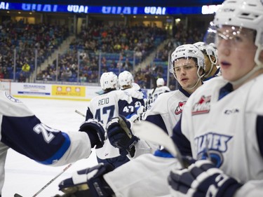 Saskatoon Blades' Cameron Hausinger (C) celebrates with his team after a goal during Saturday night's game at SaskTel Centre in Saskatoon where the Blades took home a 3-2 victory over the Prince Albert Raiders, March 19, 2016.