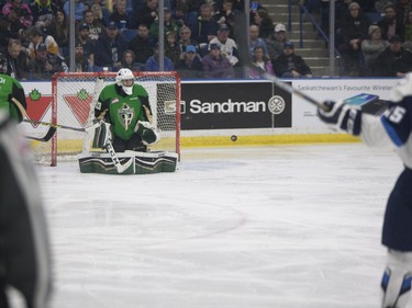 Prince Albert Raiders' Ian Scott defends the net dduring Saturday night's game at SaskTel Centre in Saskatoon where the Saskatoon Blades took home a 3-2 victory over the Raiders, March 19, 2016.