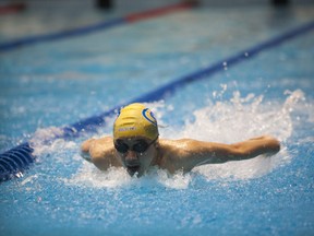 A Goldfins swimmer competes in the Boys 50-Metre Butterfly during the 2016 Mansask Short Course Provincial Championship at Shaw Centre in Saskatoon, March 20, 2016.
