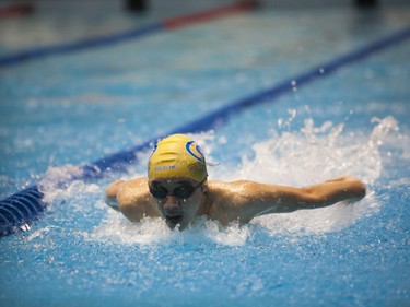 A Goldfins swimmer competes in the Boys 50-Metre Butterfly during the 2016 Mansask Short Course Provincial Championship at Shaw Centre in Saskatoon, March 20, 2016.