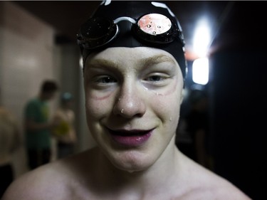 Carter Godfrey from Winnipeg, Manitoba competes in the 50-metre butterfly during the 2016 Mansask Short Course Provincial Championship at Shaw Centre in Saskatoon, March 20, 2016.