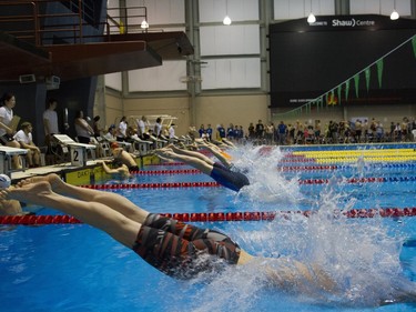 Heat #12 of the Boys 50 SC Metre Butterfly begins the race during the 2016 Mansask Short Course Provincial Championship at Shaw Centre in Saskatoon, March 20, 2016.