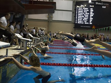 Heat #12 of the boys 50 SC Metre Butterfly begins the race during the 2016 Mansask Short Course Provincial Championship at Shaw Centre in Saskatoon, March 20, 2016.