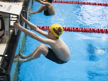 Ryan Duggan competes in the Boys 50-Metre Backstroke during the 2016 Mansask Short Course Provincial Championship at Shaw Centre in Saskatoon, March 20, 2016.