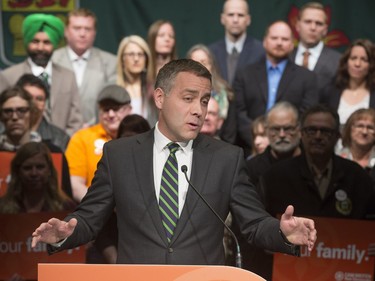NDP leader Cam Broten speaks at a campaign launch event at Persephone Theatre in Saskatoon, March 7, 2016.