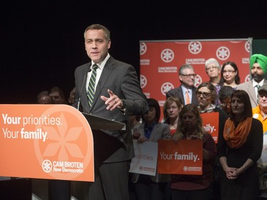 NDP leader Cam Broten speaks at a campaign launch event at Persephone Theatre in Saskatoon, March 7, 2016.