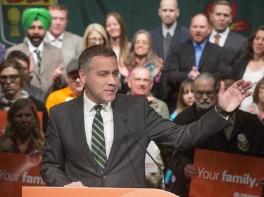 NDP leader Cam Broten speaks at a campaign launch event at Persephone Theatre in Saskatoon, March 7, 2016.