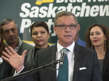 Saskatchewan Party leader Brad Wall kicks off the campaign with an event in Saskatoon at the campaign office of Ken Cheveldayoff, March 8, 2016.