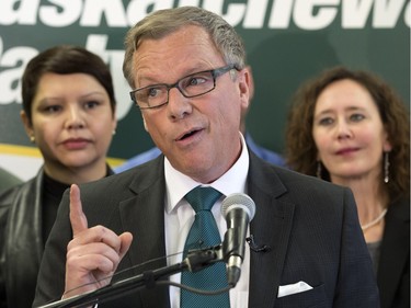 Saskatchewan Party leader Brad Wall kicks off the campaign with an event in Saskatoon at the campaign office of Ken Cheveldayoff, March 8, 2016.