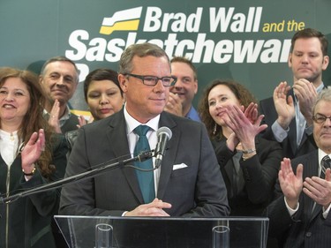 Saskatchewan Party leader Brad Wall kicks off the campaign with an event in Saskatoon at the campaign office of Ken Cheveldayoff, March 8, 2016.