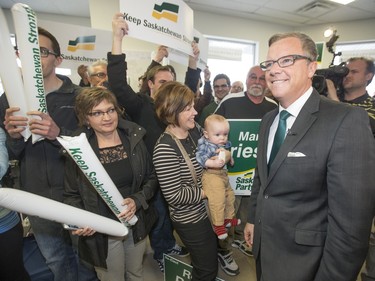 Saskatchewan Party leader Brad Wall kicks off the campaign with an event in Saskatoon at the campaign office of Ken Cheveldayoff, March 8, 2016.