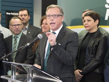 Saskatchewan Party leader Brad Wall kicks off the campaign with an event in Saskatoon at the campaign office of Ken Cheveldayoff, March 8, 2016.