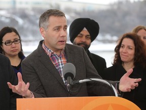 Saskatchewan NDP leader Cam Broten holds a news conference at the Prairie Lily river boat dock to speak about government waste.