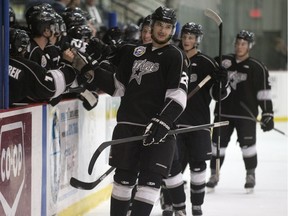 Igor Leonenko, front right, of North Battleford North Stars, celebrates a goal in action during SJHL showcase event at the Legends Arena in Warman,  Monday, October. (Greg Pender/The StarPhoenix)