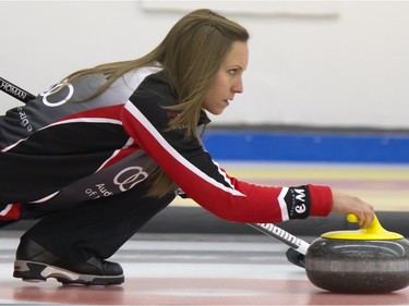 Rachel Homan practices at the Nutana Curling Club in Saskatoon prior to the start of the Canadian Mixed Doubles Curling Championship, March 30, 2016.