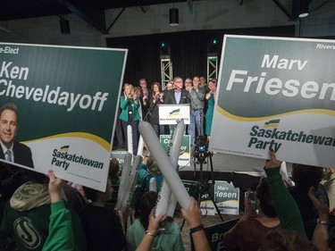 Sask Party leader Brad Wall speaks to a rally at Prairieland Park, March 31, 2016.