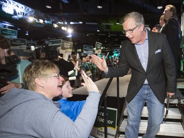 Sask Party  leader Brad Wall greets supporters after he spoke to a rally at Prairieland Park, March 31, 2016.