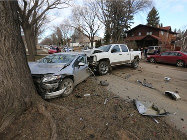 Saskatoon police responded to an early-morning crash at the 1200 block of 15th Street East on March 31, 2016, after a reports of a man crashing his vehicle into five parked vehicles and then fleeing the scene.