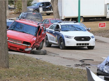 Saskatoon police responded to an early-morning crash at the 1200 block of 15th Street East on March 31, 2016, after a reports of a man crashing his vehicle into five parked vehicles and then fleeing the scene.