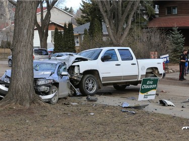 Saskatoon police responded to an early-morning crash at the 1200 block of 15th Street East on March 31, 2016, after a reports of a man crashing his vehicle into five parked vehicles and then fleeing the scene.