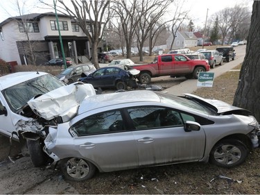 Saskatoon police responded to an early-morning crash at the 1200 block of 15th Street East on March 31, 2016, after a reports of a man crashing his vehicle into five parked vehicles and then fleeing the scene.