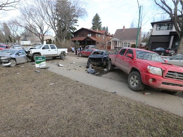 Saskatoon police responded to an early-morning crash at the 1200 block of 15th Street East on March 31, 2016, after a reports of a man crashing his vehicle into five parked vehicles and then fleeing the scene.