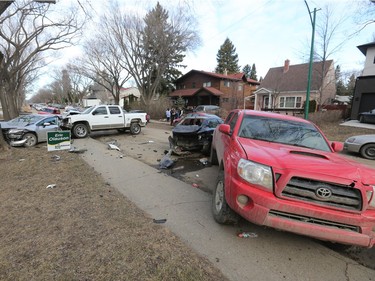 Saskatoon police responded to an early-morning crash at the 1200 block of 15th Street East on March 31, 2016, after a reports of a man crashing his vehicle into five parked vehicles and then fleeing the scene.