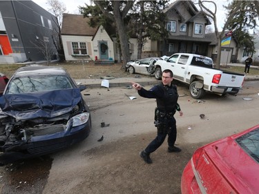 Saskatoon police responded to an early-morning crash at the 1200 block of 15th Street East on March 31, 2016, after a reports of a man crashing his vehicle into five parked vehicles and then fleeing the scene.