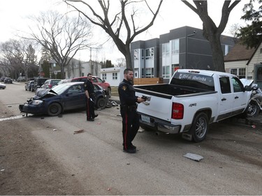 Saskatoon police responded to an early-morning crash at the 1200 block of 15th Street East on March 31, 2016, after a reports of a man crashing his vehicle into five parked vehicles and then fleeing the scene.