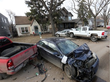 Saskatoon police responded to an early-morning crash at the 1200 block of 15th Street East on March 31, 2016, after a reports of a man crashing his vehicle into five parked vehicles and then fleeing the scene.