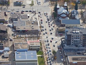 A 2010 aerial view of Broadway Avenue and Eighth Street East in Saskatoon
