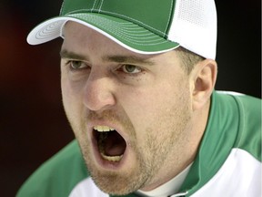 Saskatchewan skip Steve Laycock makes a call during a draw against Team Canada at the Tim Hortons Brier, Sunday March 6, 2016, in Ottawa.