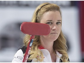 Team Canada skip Chelsea Carey reacts to her shot during the 13th draw against Korea at the Women's World Curling Championship in Swift Current, Sask. Wednesday, March 23, 2016.